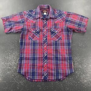 VTG Wrangler Shirt Men Medium Red Purple Blue Short Sleeve Western Pearl Snap